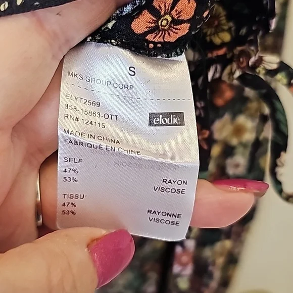 Elodie Floral Black Yellow Pink Elasticized Off Shoulder Rucshed Side Tie Top S - Picture 13 of 13